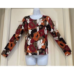 Chico's Abstract Floral-Print Silk Blend Button Cardigan Sweater Size 1 / Medium